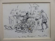 EARLY 20TH CENTURY SCHOOL. TWO HUMOROUS. HUNTING SKETCHES. PEN AND INK. MOUNTED AS ONE. MOUNT