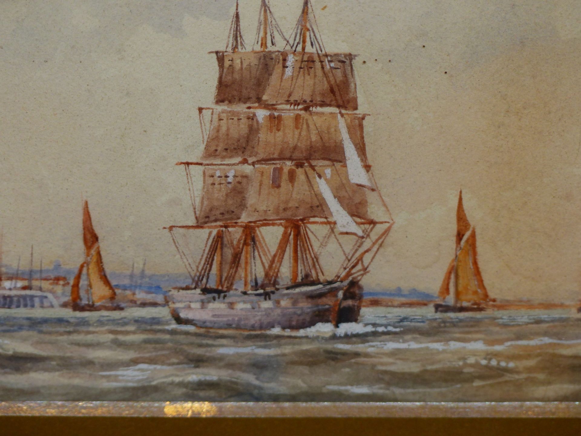 19TH CENTURY SCHOOL. SHIIPPING SCENE. OFF CALAIS, WATERCOLOUR. TITLED L/R. 26 X 9 cm. - Image 2 of 7