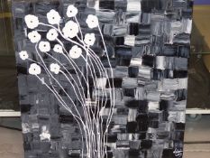 VALERIA LEVY (20TH CENTURY) BLACK AND WHITE FLOWERS. ACRYLIC ON CANVAS.. SIGNED L/R INSCRIBED AND