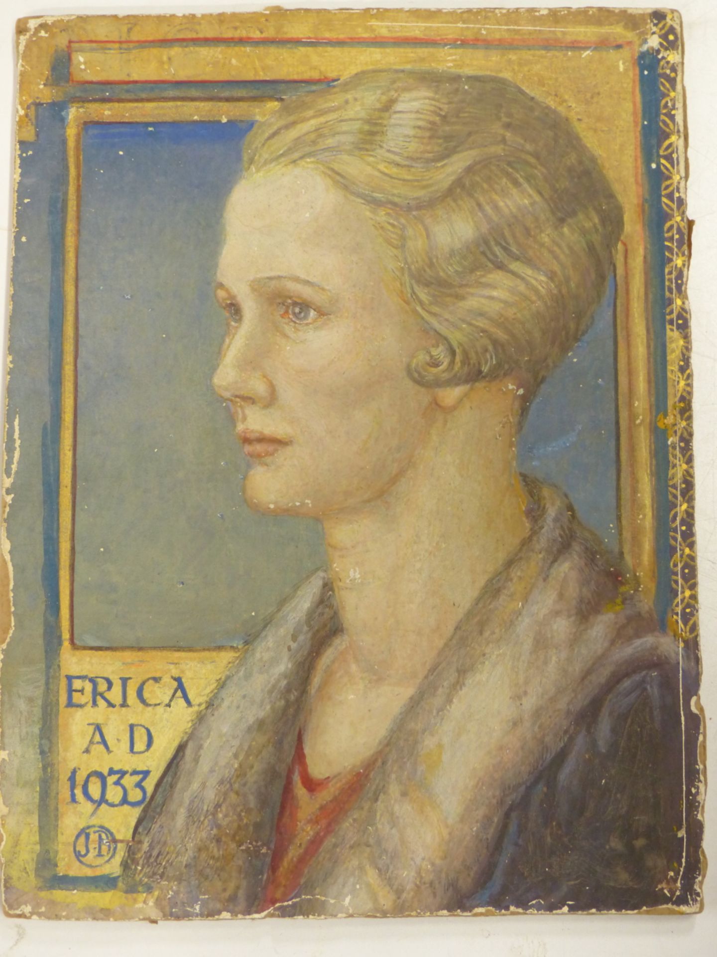 J.B. (1ST HALF 20TH CENTURY) ERICA- PORTRAIT OF A LADY. WATERCOLOUR AND GILDING. DATED 1933. 14.5