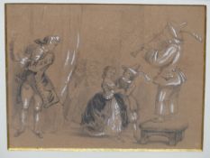 19TH CENTURY FRENCH SCHOOL. A MUSICAL EVENING. PENCIL HIGHLIGHTED IN WHITE ON PAPER. 14 X 12 cm