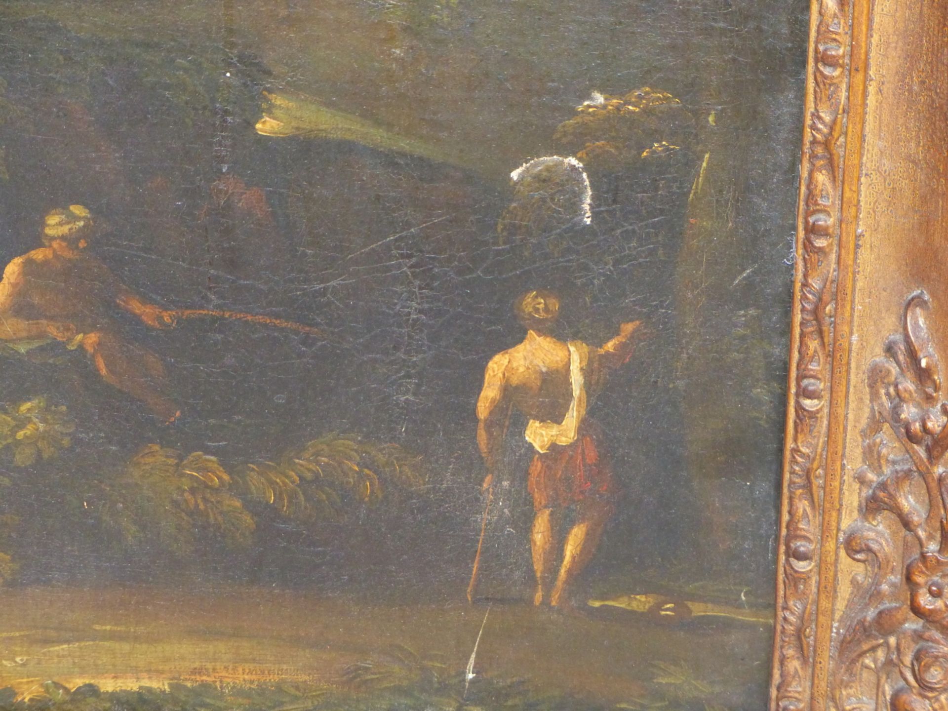 17TH /18TH CENTURY OLD MASTER SCHOOL. TWO FIGURES BY A WOODLAND STREAM. OIL ON CANVAS. THE GILT - Image 3 of 16