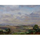 20th C. ENGLISH SCHOOL A RURAL LANDSCAPE, SIGNED INDISTINCTLY, OIL ON CANVAS. 36 x 51cms