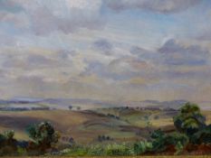20th C. ENGLISH SCHOOL A RURAL LANDSCAPE, SIGNED INDISTINCTLY, OIL ON CANVAS. 36 x 51cms