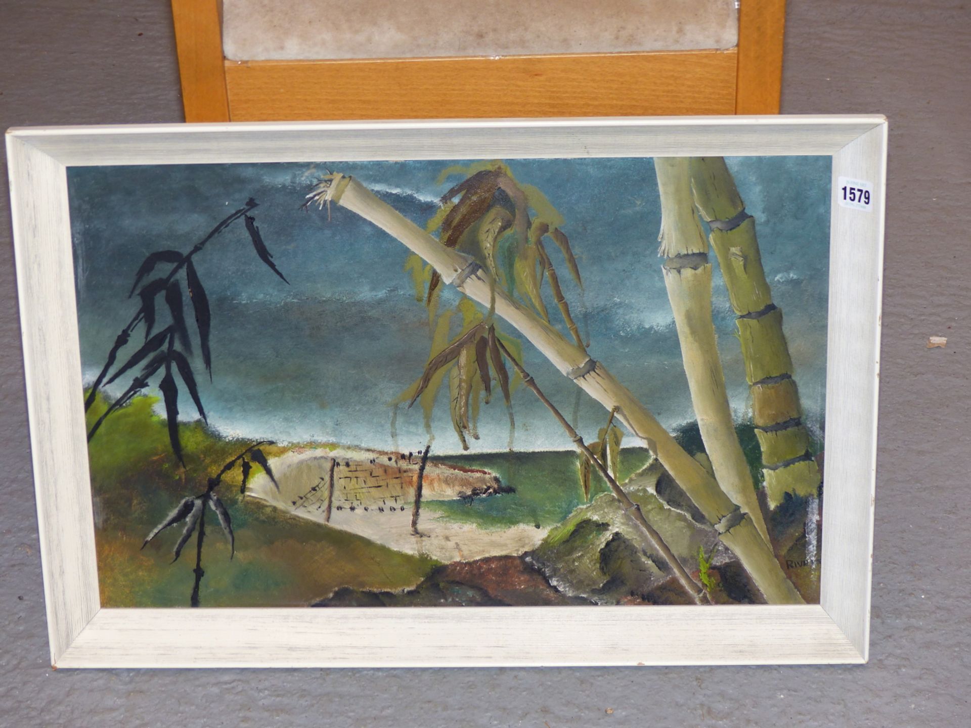 RIVERS. (20TH CENTURY SCHOOL). A CLIFFED COVE WITH FISHING NETS WITH BAMBOOS TO THE FORGROUND. OIL - Image 2 of 5