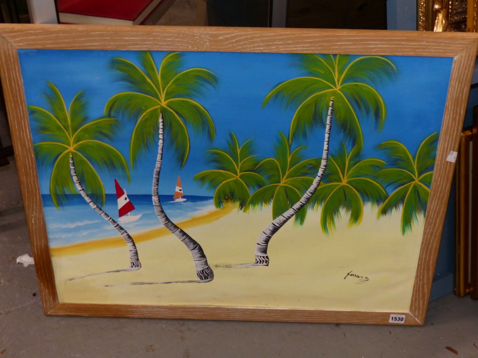 20th C. SCHOOL A TROPICAL BEACH, SIGNED INDISTINCTLY, OIL ON CANVAS BOARD. 55 x 73cms - Image 2 of 5