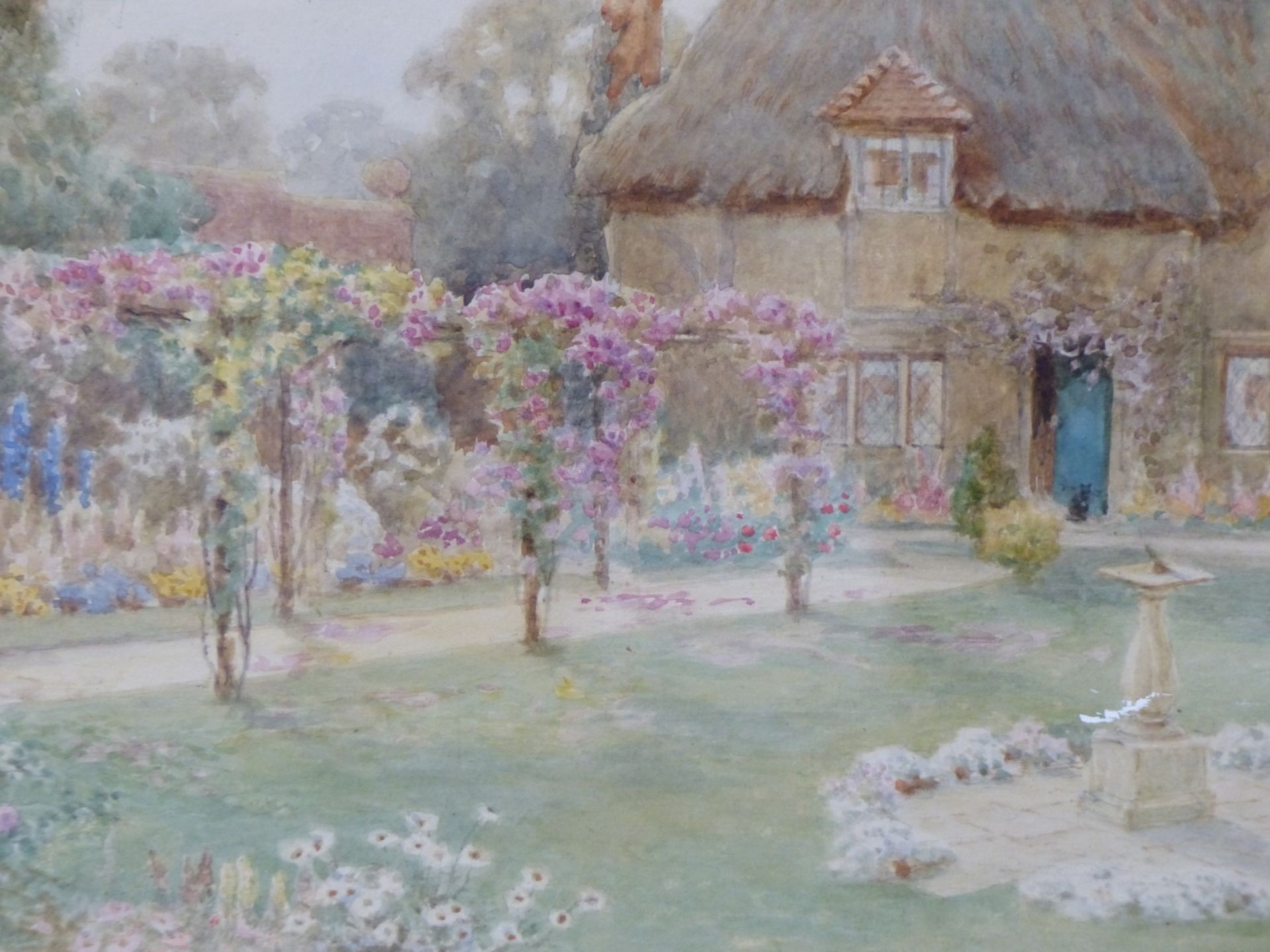 19th/20th C. ENGLISH SCHOOL READING IN THE GARDEN, SIGNED INDISTINCTLY, WATERCOLOUR. 36 x 53cms - Image 6 of 7