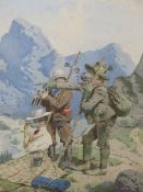 ALOIS GREIL (1842-1902), THREE ANTHROPOMORPHIC CLIMBERS IN THE AUSTRIAN ALPS. WATERCOLOUR, SIGNED