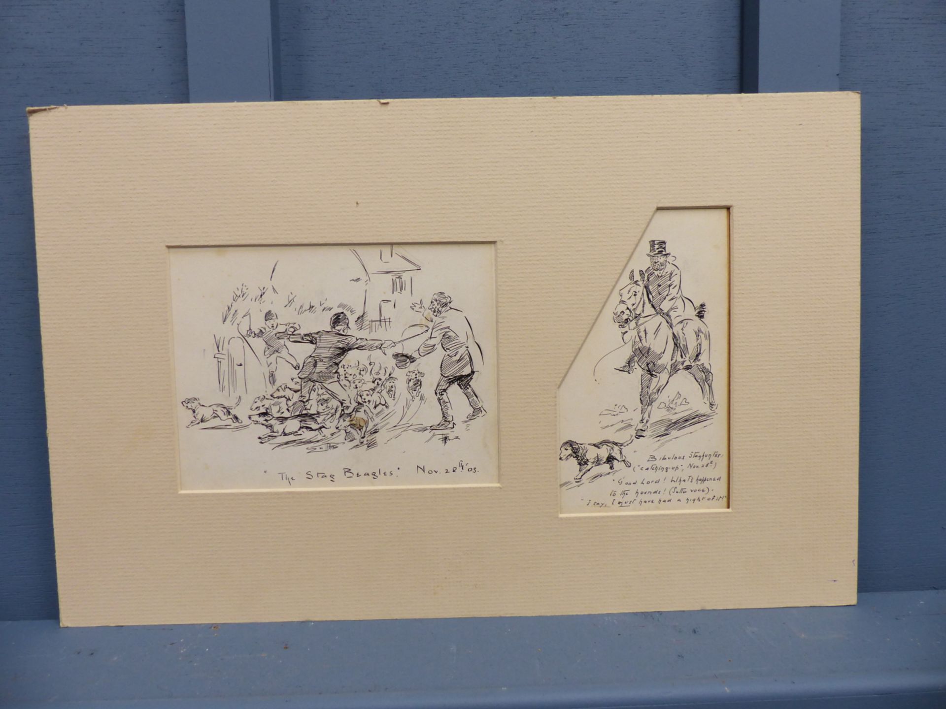 EARLY 20TH CENTURY SCHOOL. TWO HUMOROUS. HUNTING SKETCHES. PEN AND INK. MOUNTED AS ONE. MOUNT - Image 4 of 4