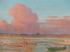 ?????????? ( EARLY 20TH CENTURY SCHOOL) RIVER ESTURY BEFORE A CATHEDRAL AT SUNSET. OIL ON CANVAS.