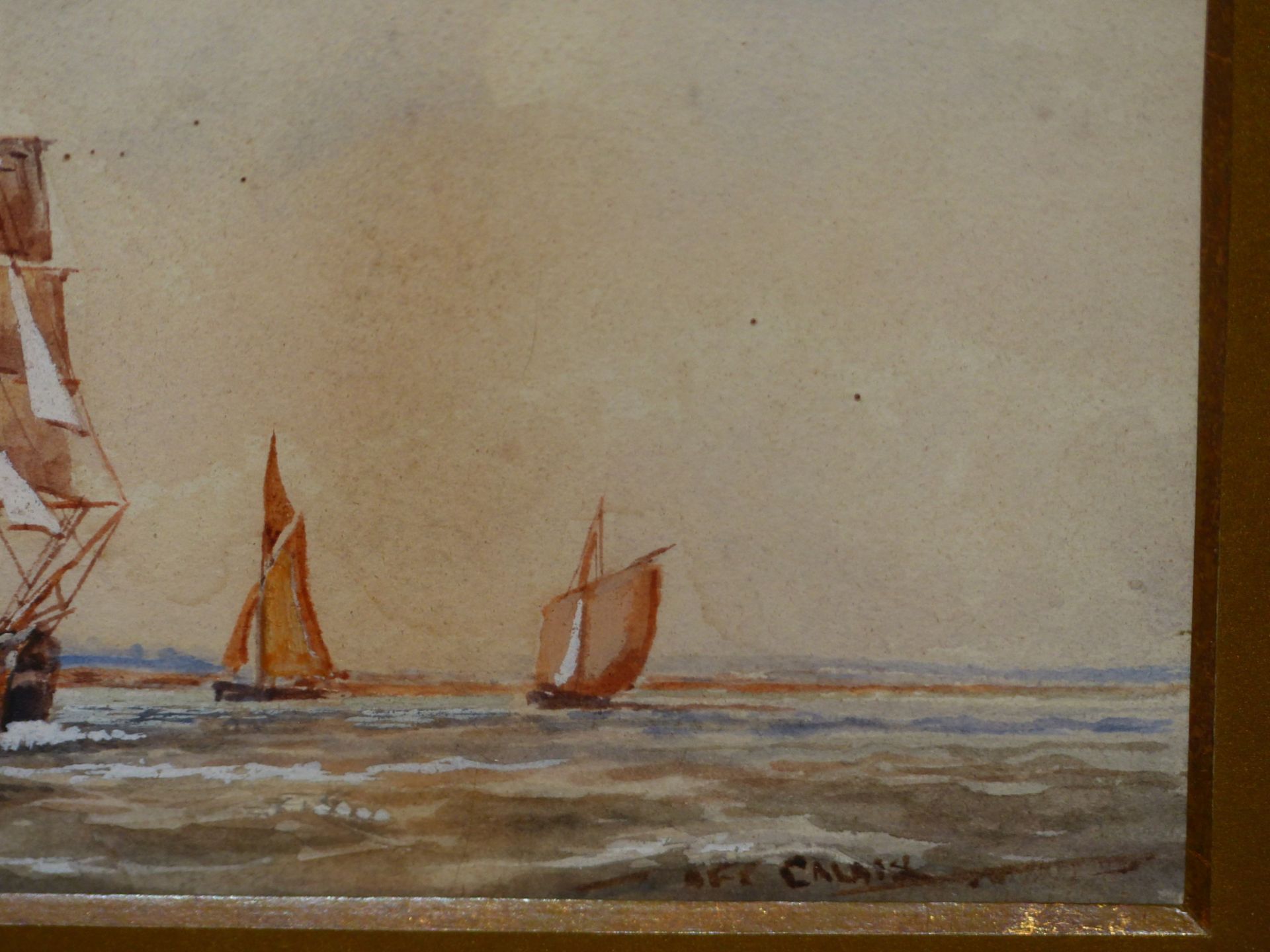 19TH CENTURY SCHOOL. SHIIPPING SCENE. OFF CALAIS, WATERCOLOUR. TITLED L/R. 26 X 9 cm. - Image 5 of 7