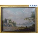 19TH CENTURY SCHOOL. CONTINENTAL VIEW WITH LAKESIDE VILLA. OIL ON BOARD. 12 X 8 cm.