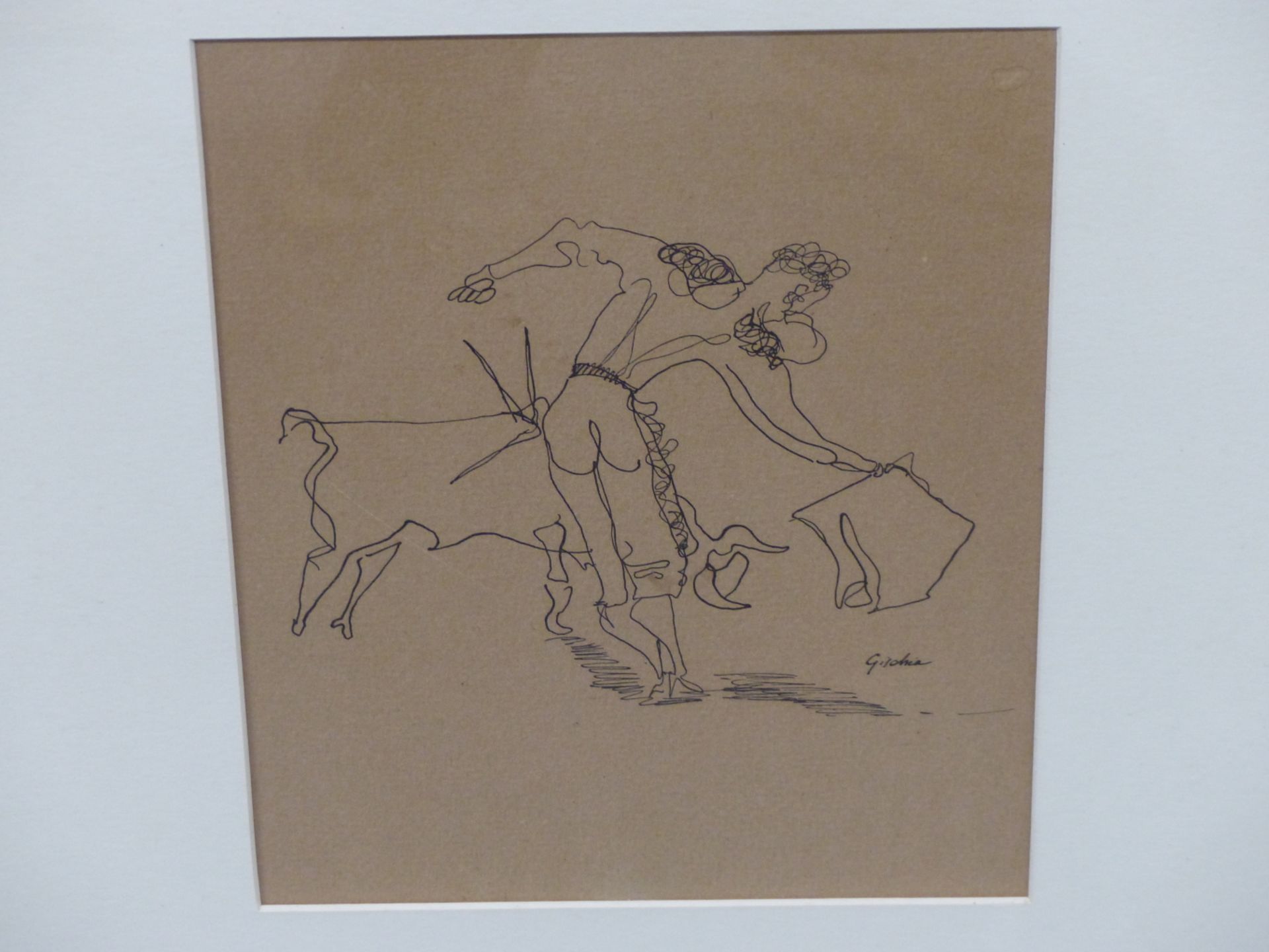 LEON GISCHIA, FRENCH 1903-1991, ABSTRACT PORTRAYAL OF THE BULL FIGHTER AND BULL. PEN AND INK