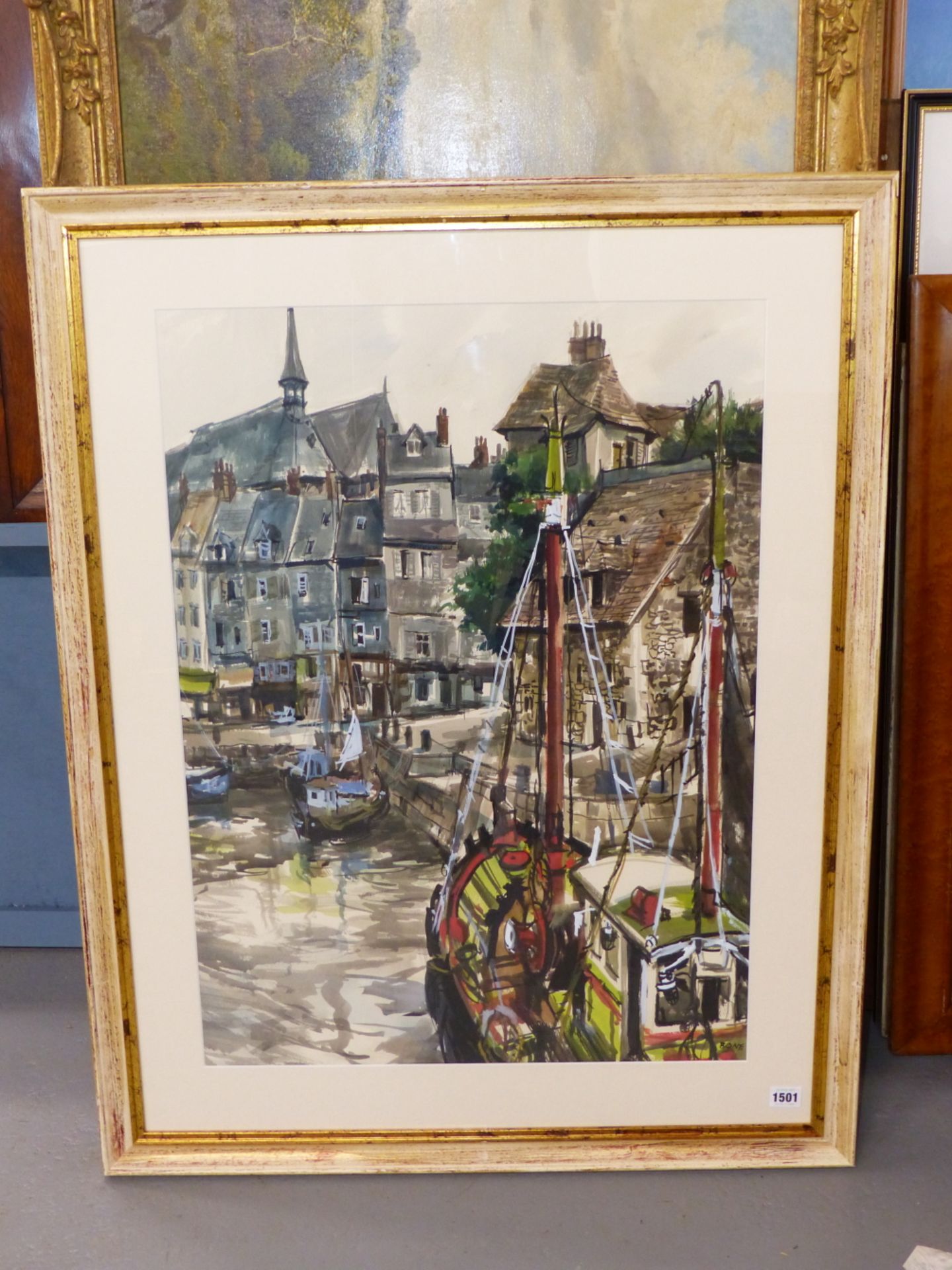 BONE (20th C. ENGLISH SCHOOL) ARR. CONTINENTAL VILLAGE HARBOUR, SIGNED, WATERCOLOUR. 74 x 54cms - Image 2 of 6