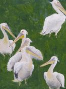 LESLEY TRIM (20TH/21ST CENTURY) PELICANS- OIL ON BOARD. SIGNED L/R DATED '99. 41 X 52 cm.