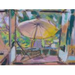 MARGO VEILLON (1907-2003) ARR. DECK CHAIR WITH PARASOL. WATERCOLOUR. SIGNED L/R. 32 X 25 cm.