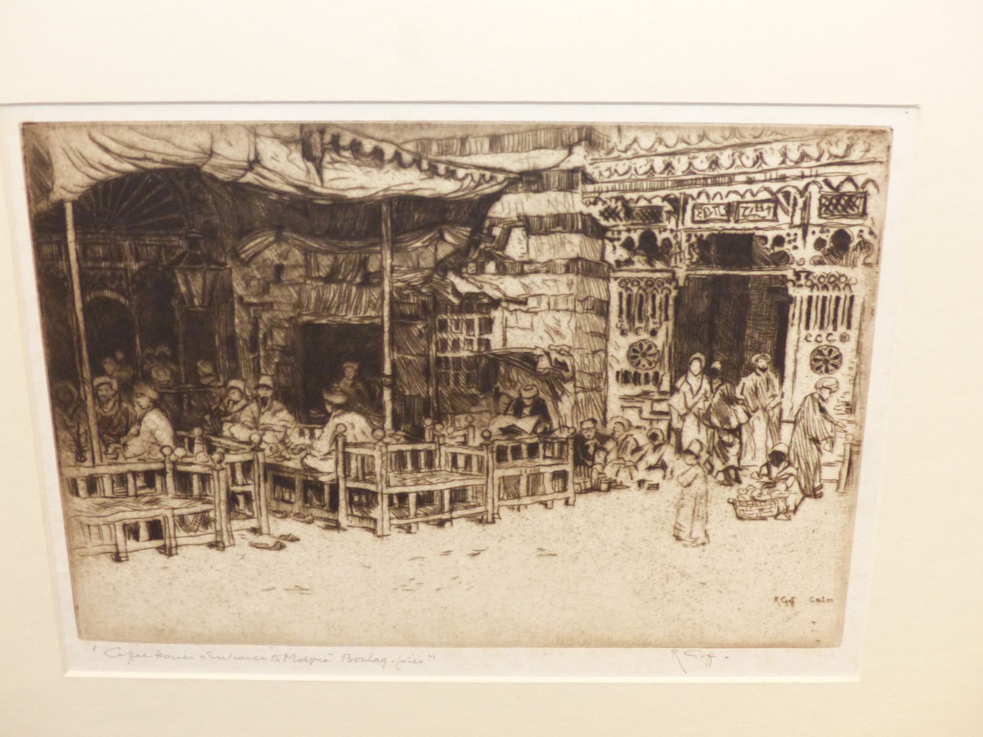 ROBERT CHARLES GOFF (1837-1922) COFFEE HOUSE AND ENTRANCE TO MOSQUE- BOULAG CAIRO. ETCHING. PNCIL - Image 2 of 6