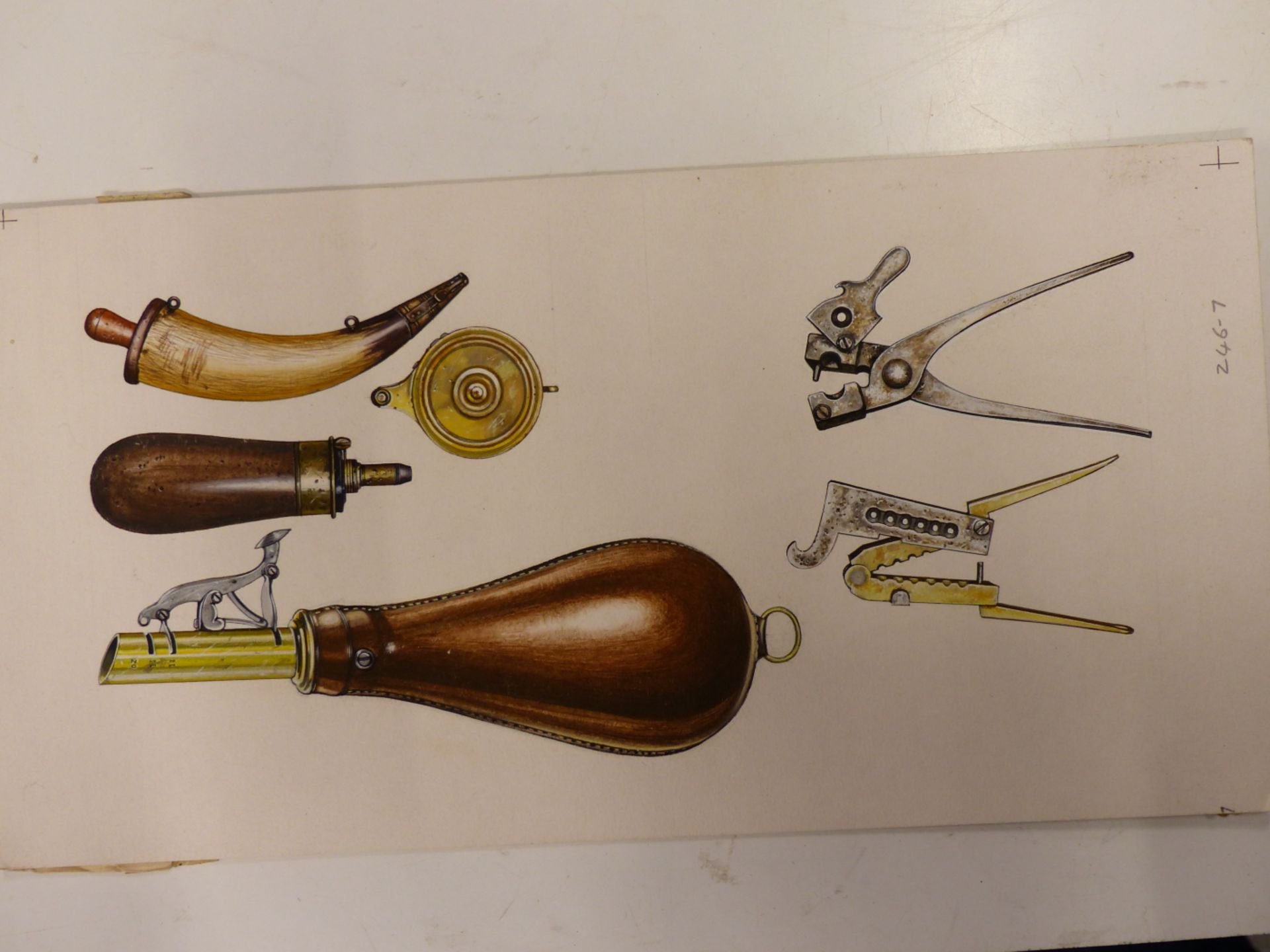 20TH CENTURY SCHOOL. STUDY OF 19TH CENTURY SHOOTING GUN ACCESORIES (POWDER AND SHOT FLASKS, BALL - Image 2 of 4