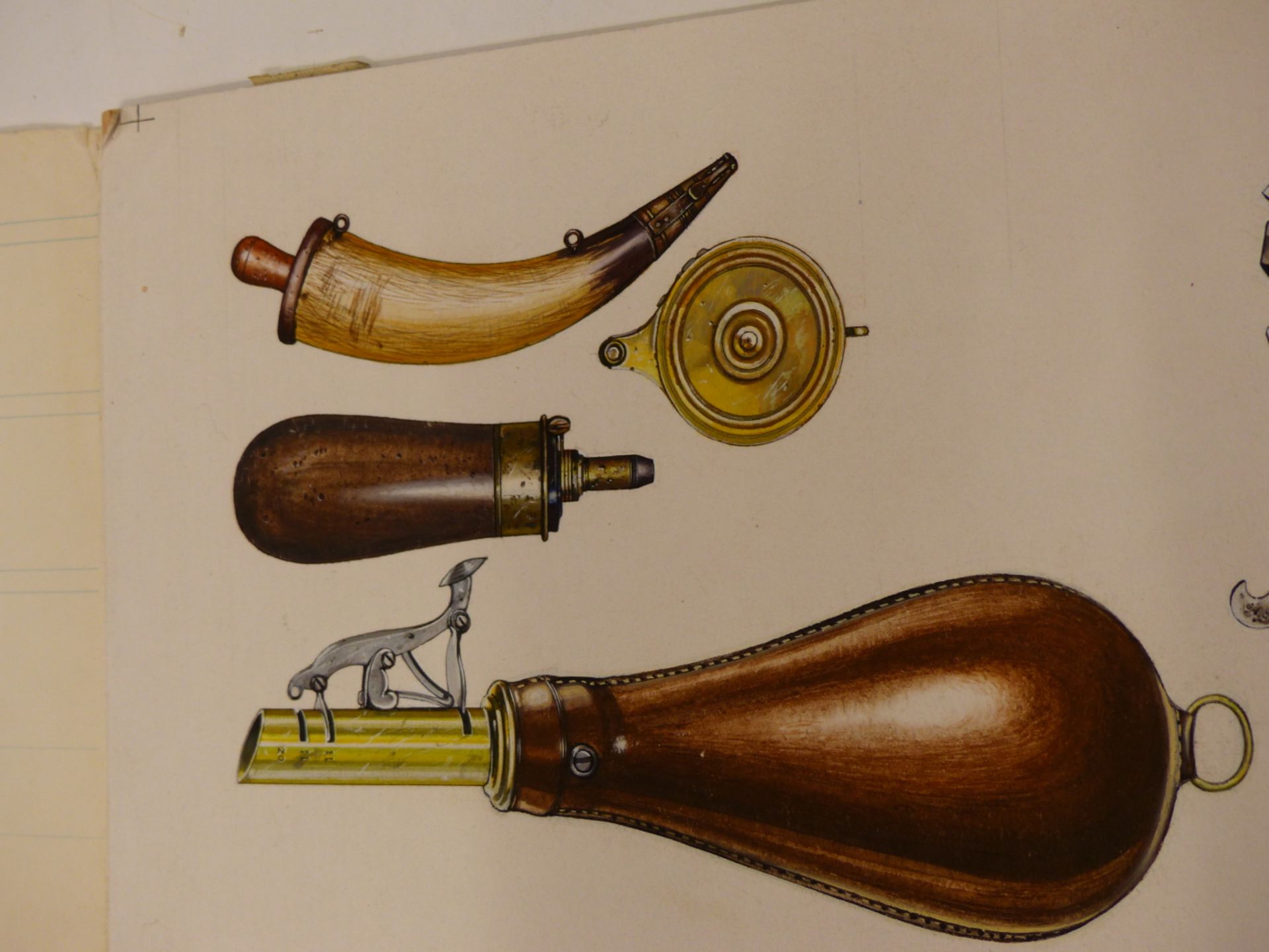 20TH CENTURY SCHOOL. STUDY OF 19TH CENTURY SHOOTING GUN ACCESORIES (POWDER AND SHOT FLASKS, BALL - Image 4 of 4