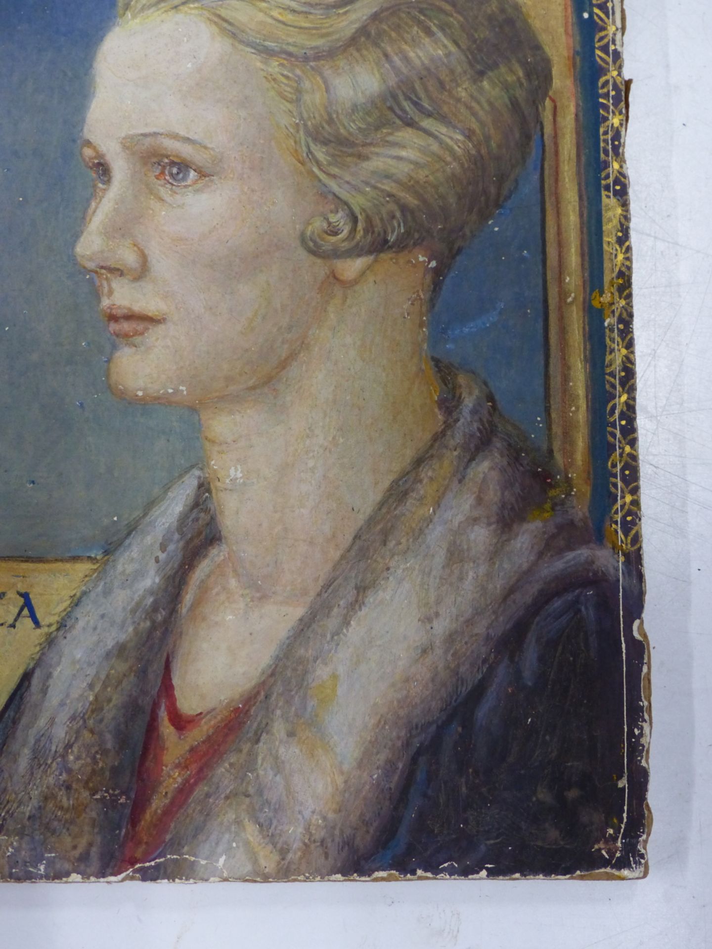 J.B. (1ST HALF 20TH CENTURY) ERICA- PORTRAIT OF A LADY. WATERCOLOUR AND GILDING. DATED 1933. 14.5 - Image 4 of 6