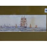 19TH CENTURY SCHOOL. SHIIPPING SCENE. OFF CALAIS, WATERCOLOUR. TITLED L/R. 26 X 9 cm.