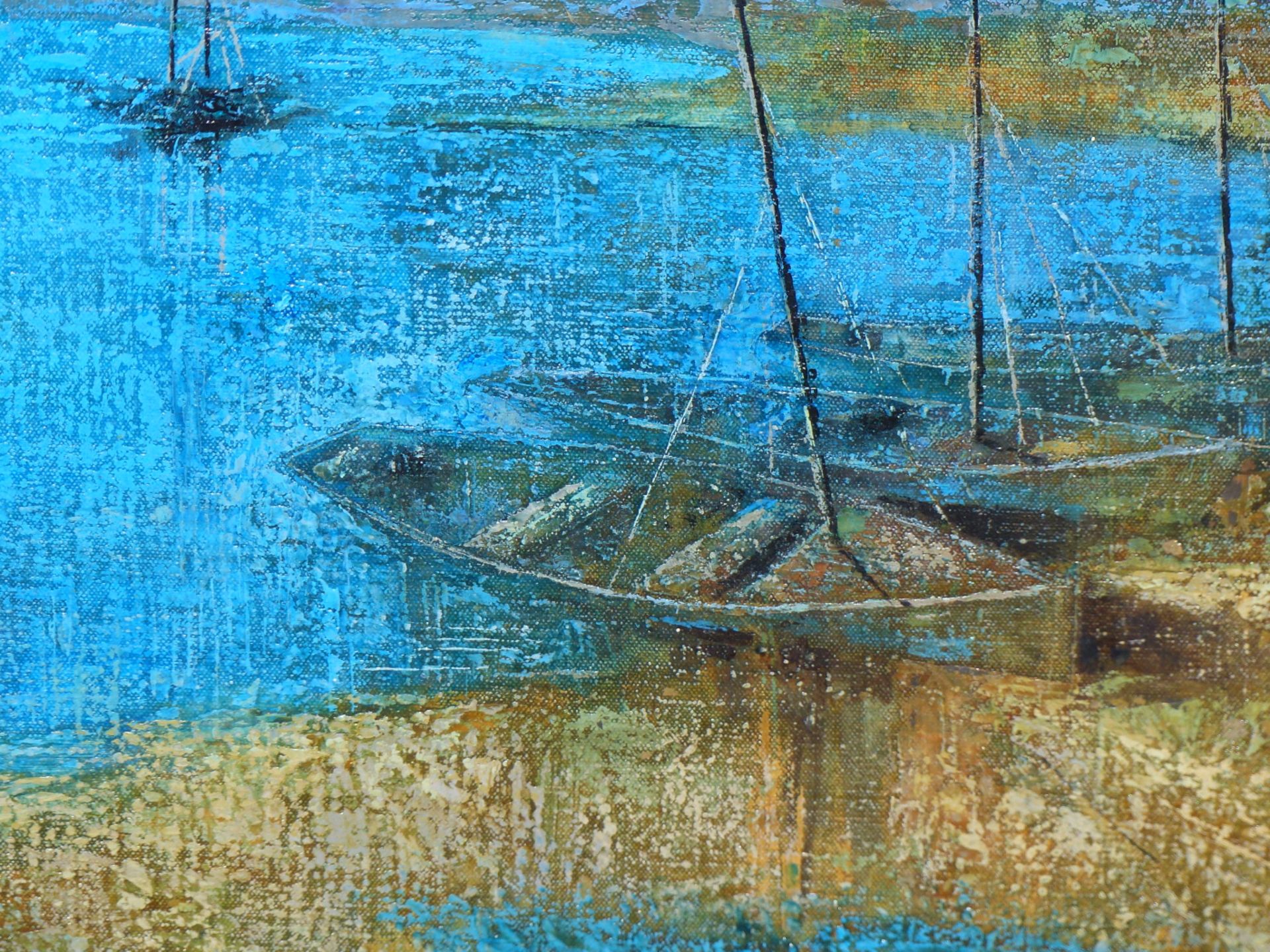 MICHAEL JAIN. ( 20TH CENTURY) ARR. BOATS ON THE SHORELINE BY MOONLIGHT. OIL ON CANVAS. SIGNED L/R. - Image 4 of 6