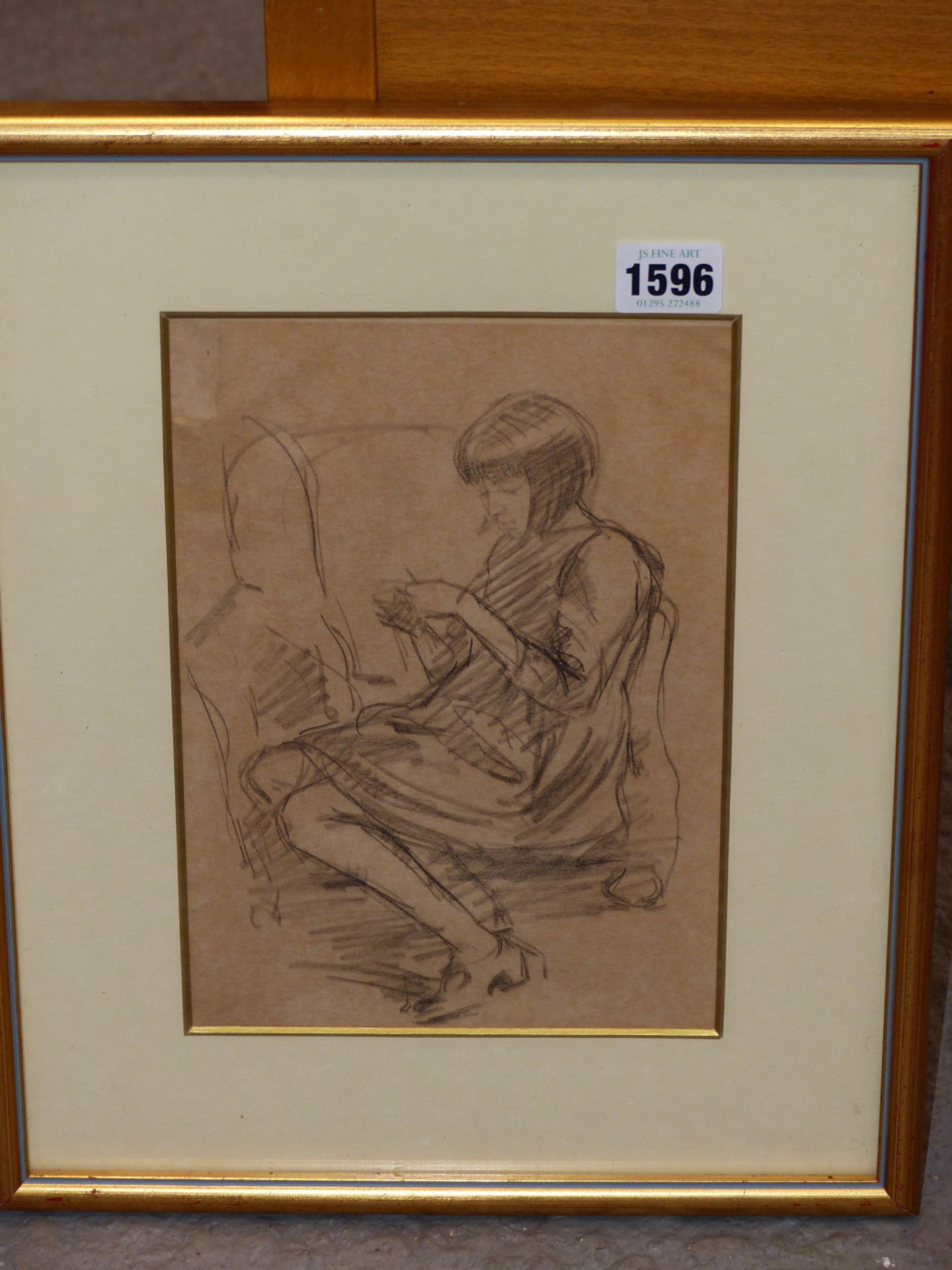 ENAID JONES. (1888-1978) ARR. " JULIA " A YOUNG GIRL KNITTING , SEATED IN FIRESIDE ARMCHAIR. BLACK - Image 3 of 6