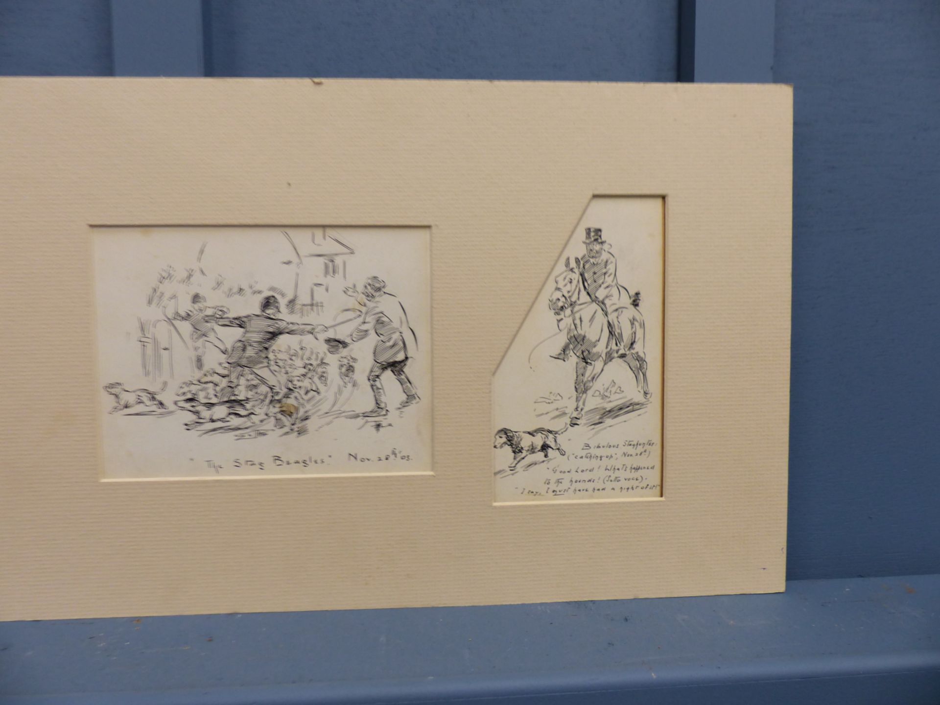 EARLY 20TH CENTURY SCHOOL. TWO HUMOROUS. HUNTING SKETCHES. PEN AND INK. MOUNTED AS ONE. MOUNT - Image 3 of 4