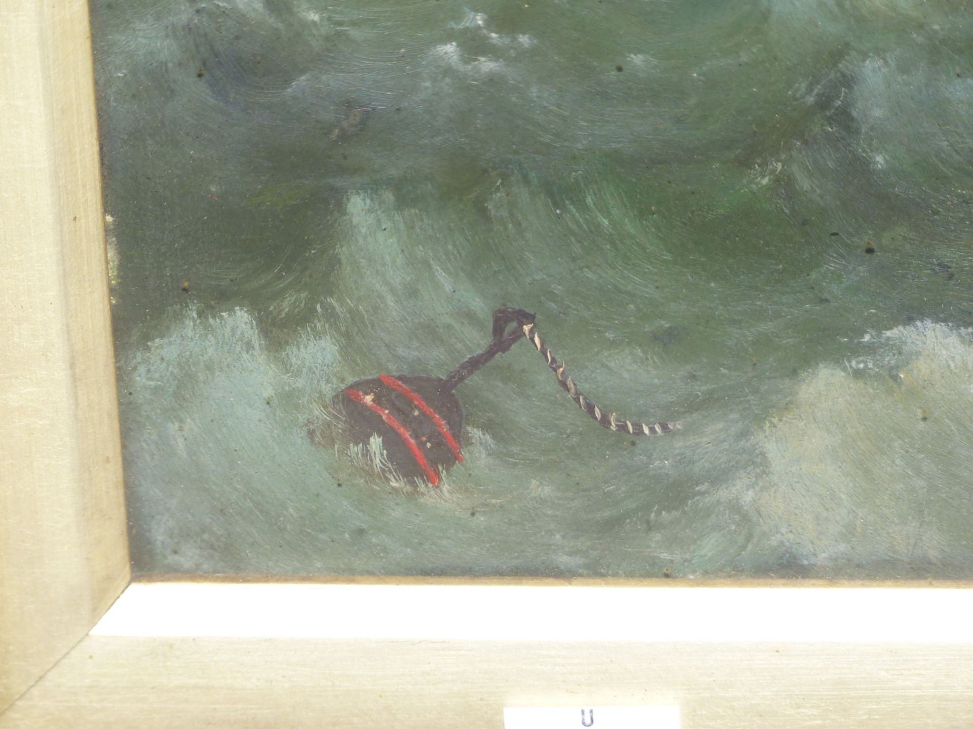 W.N. ( EARLY 20TH CENTURY NAIVE SCHOOL) SHIPPING OFF THE CAOST IN HIGH SEAS. OIL ON ACADAMY BOARD. - Image 3 of 7