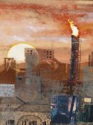 POLLYANA PICKERING, ENGLISH 1942-2018, INDUSTRIAL LANDSCAPE BEFORE A SETTING SUN. MIXED MEDIA, 29