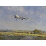 ALLEN SHUFFLEBOTHAM (1914-2010) VICKERS VALIANT FLYING LOW OVER COTTAGES. OIL ON BOARD. SIGNED L/L &