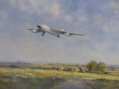 ALLEN SHUFFLEBOTHAM (1914-2010) VICKERS VALIANT FLYING LOW OVER COTTAGES. OIL ON BOARD. SIGNED L/L &