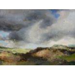 G. BAGNOLI (20th C. ENGLISH SCHOOL) ARR. HADRIAN'S WALL, SIGNED, ACRYLIC ON BOARD. 31 x 47cms