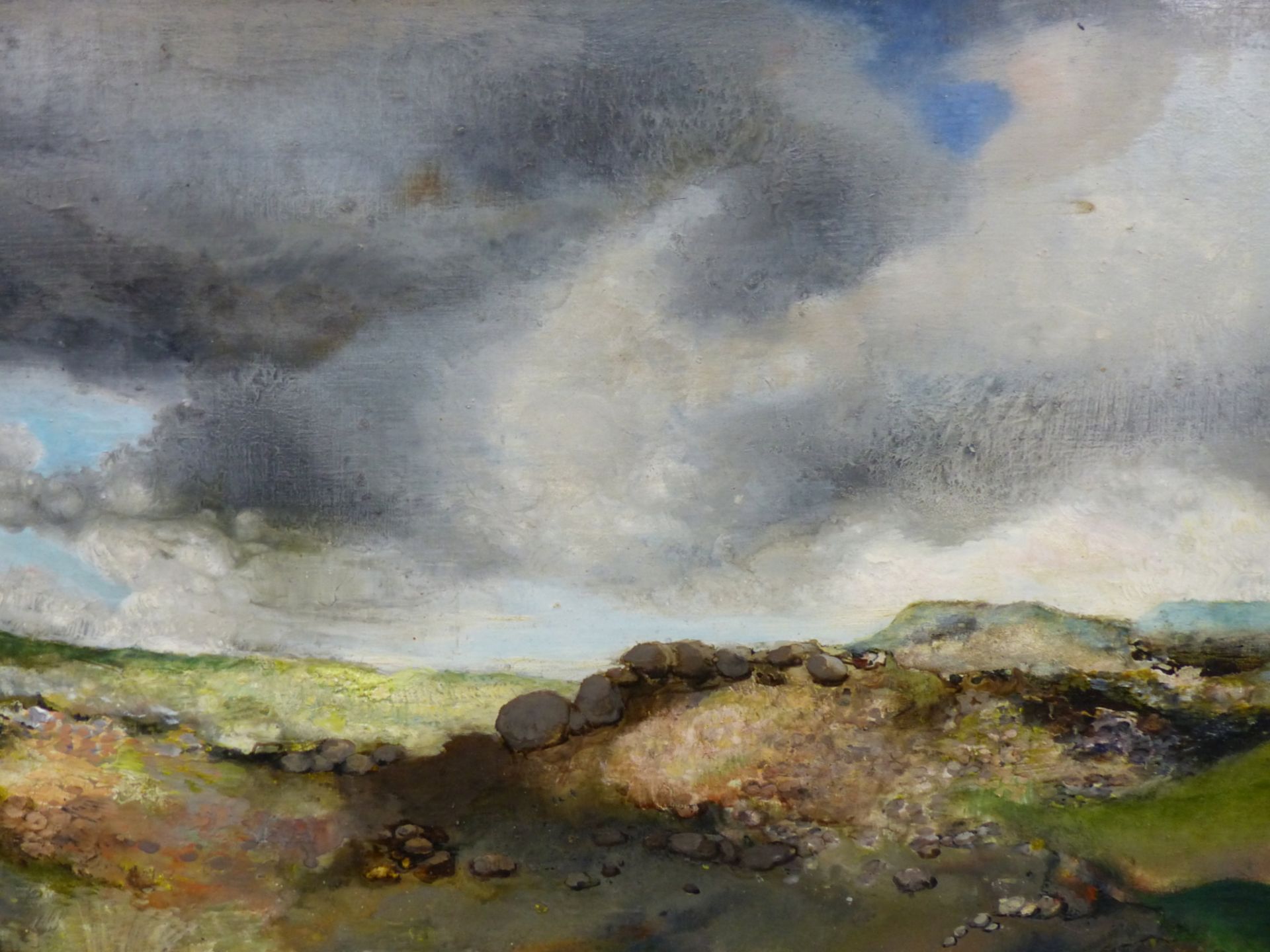 G. BAGNOLI (20th C. ENGLISH SCHOOL) ARR. HADRIAN'S WALL, SIGNED, ACRYLIC ON BOARD. 31 x 47cms