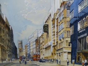 BERT WRIGHT (PPRSMA) 20TH CENTURY) ARR. FLEET STREET- WATERCOLOUR. SIGNED L/R 53 X 68 cm.