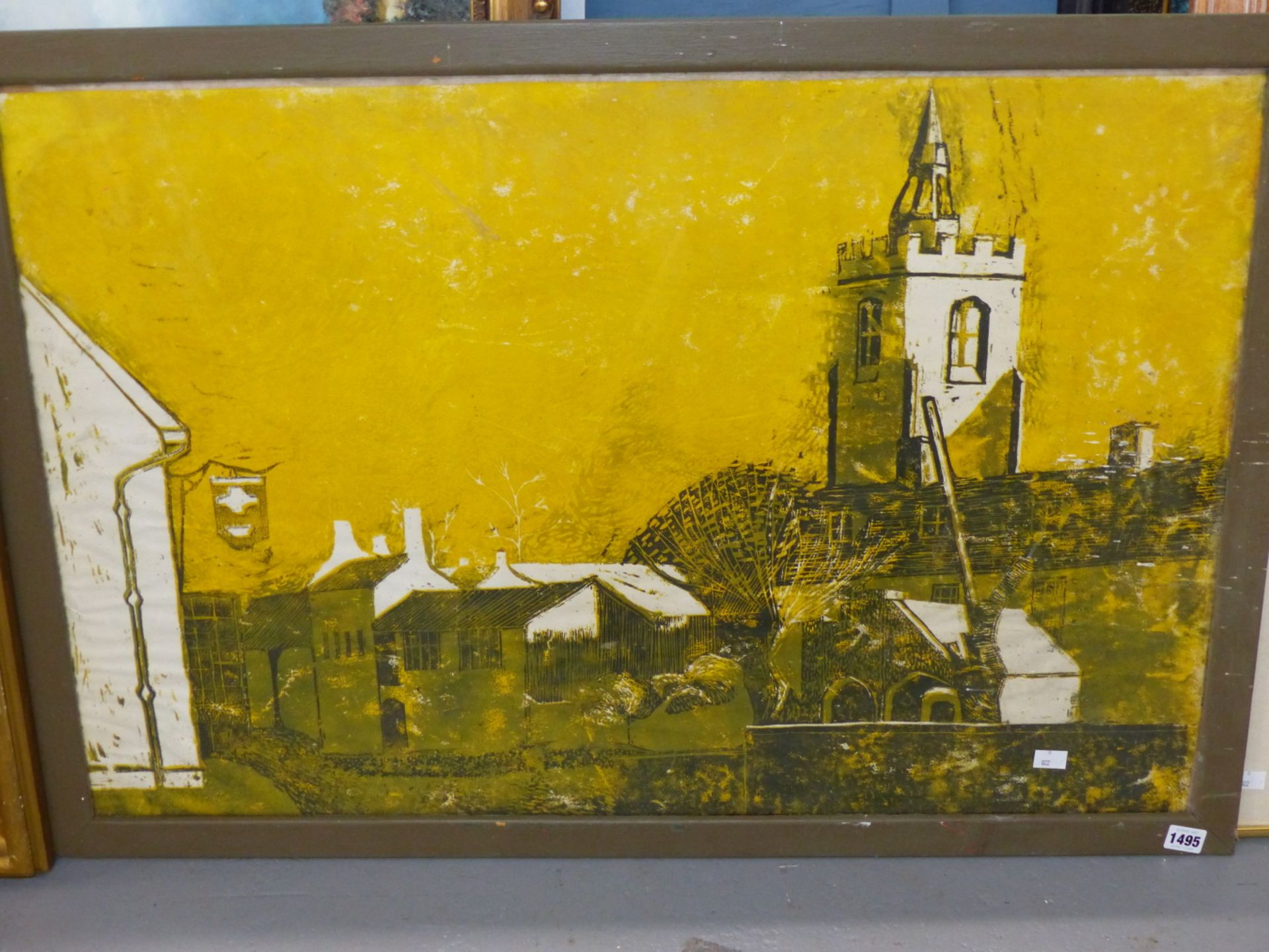 20th C. ENGLISH SCHOOL IN THE MANNER OF JOHN PIPER, COLOUR PRINT OF A VILLAGE SCENE. 60 x 90cms - Image 2 of 4