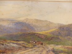E. DUNCAN (19th C. ENGLISH SCHOOL) CART HORSES ON A RURAL TRACK, SIGNED, WATERCOLOUR. 34 x 50cms