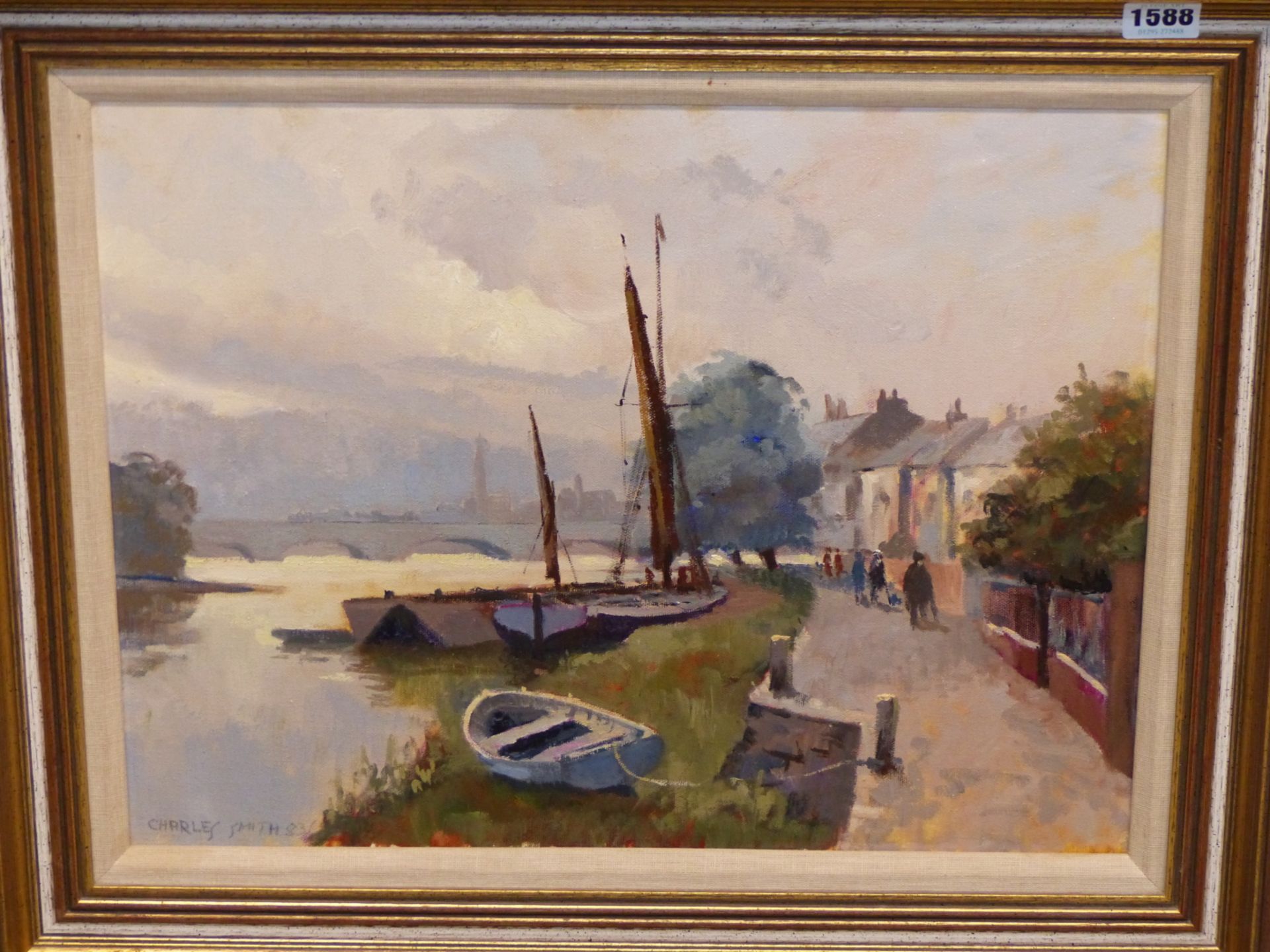 CHARLES SMITH. FRSA. ( 1913-2003) ARR. STRAND ON THE GREEN. BOATS AT RIVERSIDE DOCK. SIGNED L/L - Image 2 of 7