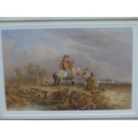 ATTB. WILLIAM BURGESS. ( 1805-1862) TRAVELLERS BEYOND A BRIDGE. WATERCOLOUR. LABELLED VERSO. 22 X 16