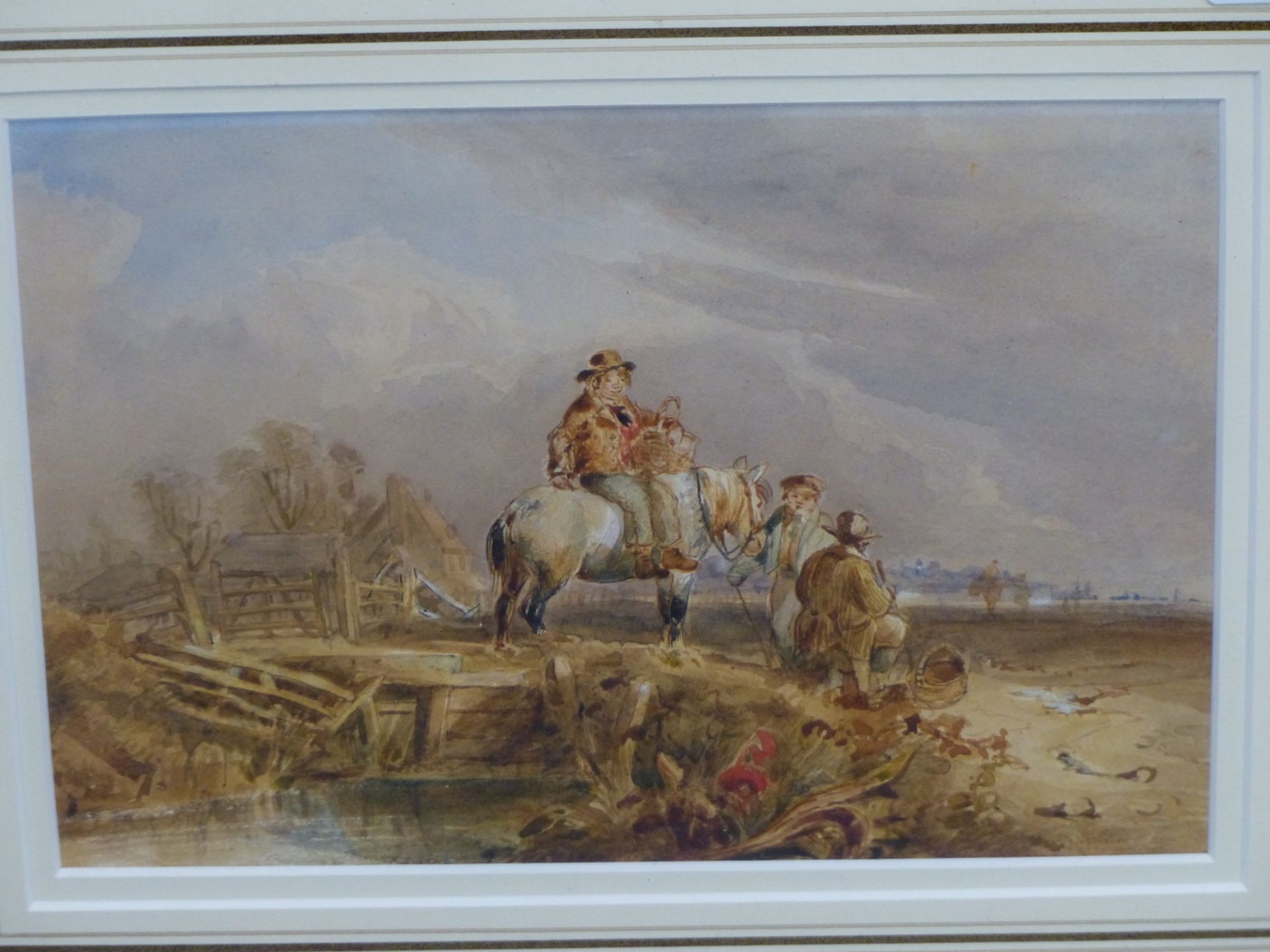 ATTB. WILLIAM BURGESS. ( 1805-1862) TRAVELLERS BEYOND A BRIDGE. WATERCOLOUR. LABELLED VERSO. 22 X 16