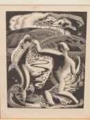 GERTRUDE HERMES. ( 1901-1983) ARR. TOBIT AND THE FISH . WOODBLOCK PRINT. PENCIL SIGNED AND TITLED.