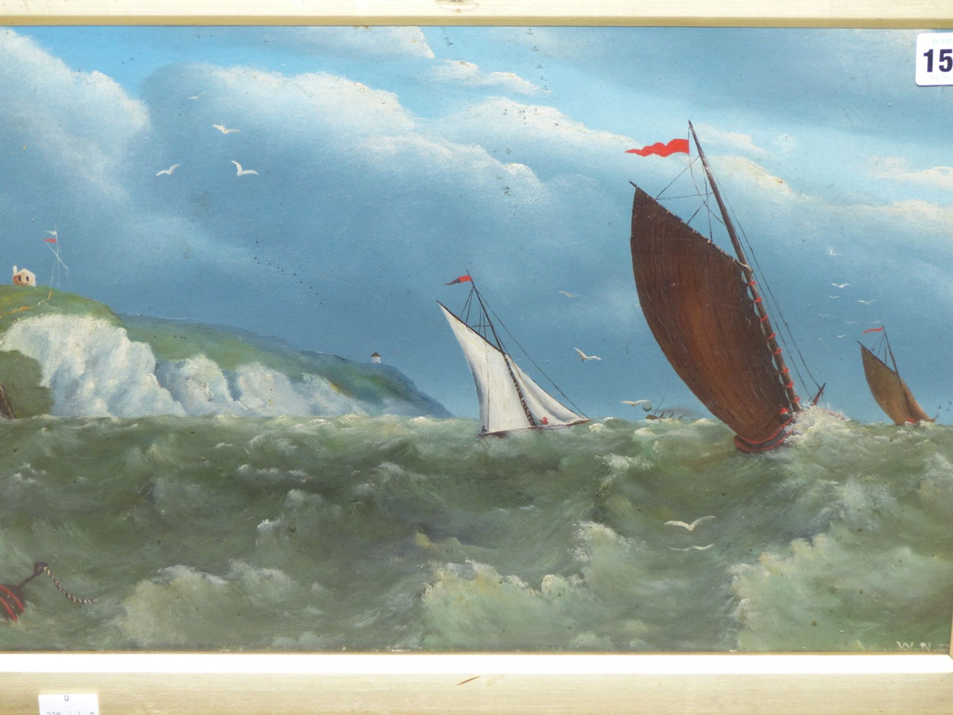 W.N. ( EARLY 20TH CENTURY NAIVE SCHOOL) SHIPPING OFF THE CAOST IN HIGH SEAS. OIL ON ACADAMY BOARD. - Image 6 of 7