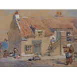 ATTRIBUTED TO MYLES BIRKET FOSTER (1825-99), NEWHAVEN, A MOTHER AND CHILDREN ABOUT A HOUSE ON A