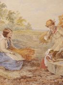 ALFRED H. GREEN (1844-1880) THE HARVESTERS, MONOGRAMMED, WATERCOLOUR. 30 x 25cms