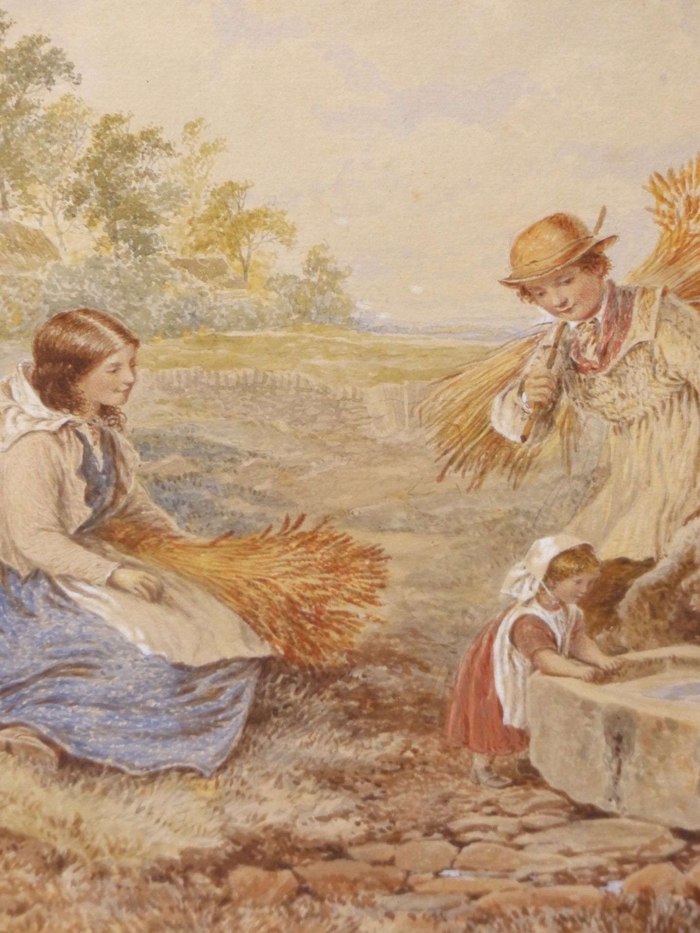 ALFRED H. GREEN (1844-1880) THE HARVESTERS, MONOGRAMMED, WATERCOLOUR. 30 x 25cms