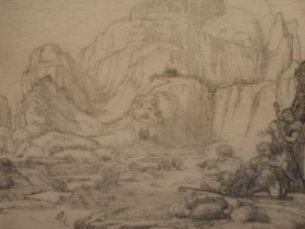 PERCY BULCOCK.(D.1914) SHEPHERDS IN RIVERSIDE MEADOW BELOW A ROCK GIANT. ETCHING. SIGNED AND DATED