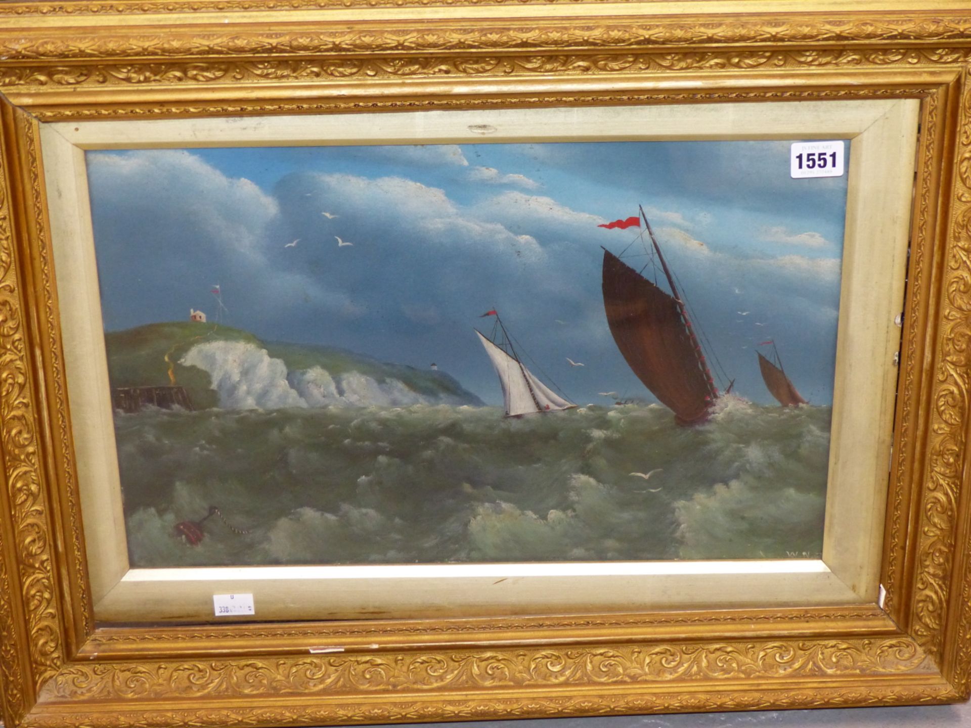 W.N. ( EARLY 20TH CENTURY NAIVE SCHOOL) SHIPPING OFF THE CAOST IN HIGH SEAS. OIL ON ACADAMY BOARD. - Image 2 of 7