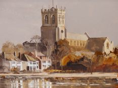 HARLEY CROSSLEY (1936-2013) ARR. CHRISTCHURCH PRIORY. OIL ON CANVAS. SIGNED L/R 69 X 29 cm