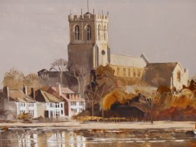 HARLEY CROSSLEY (1936-2013) ARR. CHRISTCHURCH PRIORY. OIL ON CANVAS. SIGNED L/R 69 X 29 cm