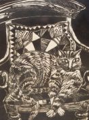 ANN CHRISTIE ( 20TH CENTURY ) ARR. CAT ON A CHAIR. WOODBLOCK PRINT. SIGNED AND TITLED, NUMBERED 1/4.